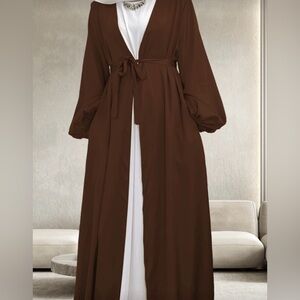Brown Satin Abaya Dress Long Lantern Sleeve Maxi Muslim Prayer Gown